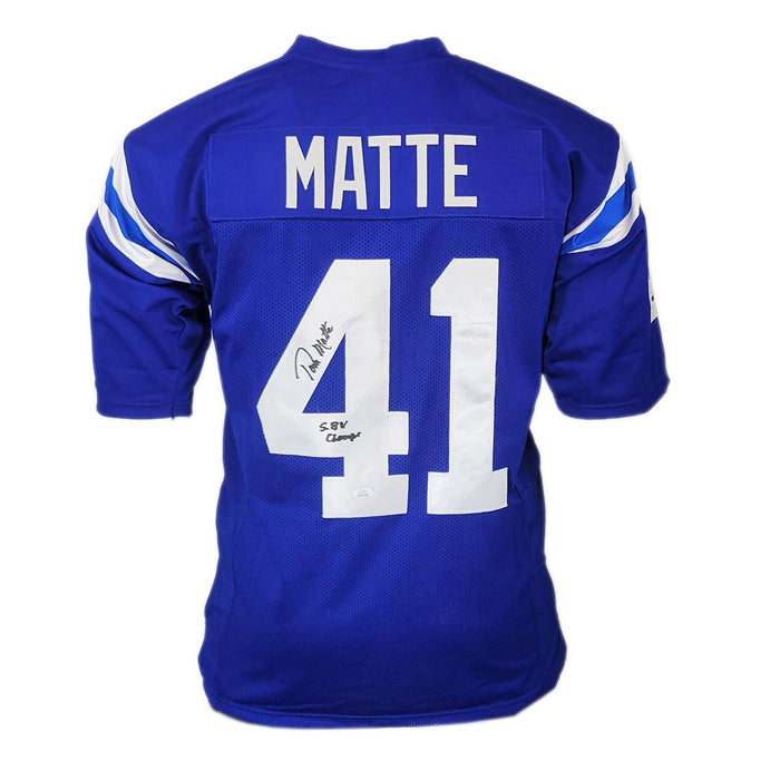 Tom Matte Signed SB V Champs Inscription Indianapolis Blue Football Jersey (JSA) - RSA