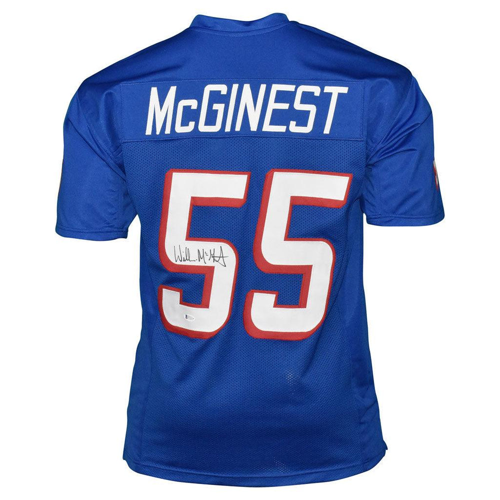 Willie McGinest Signed New England Pro Blue Throwback Football Jersey  (Beckett)