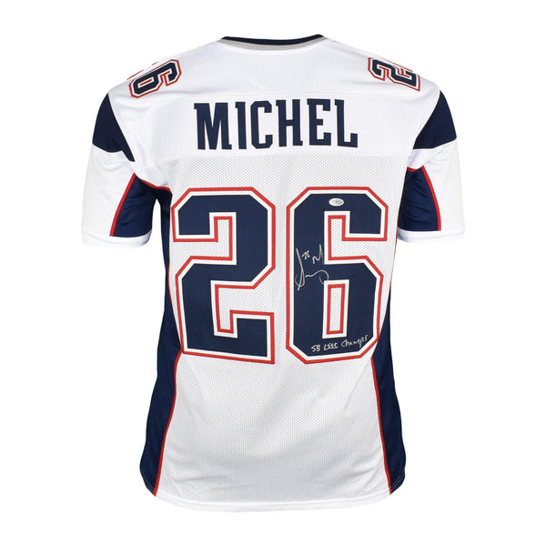 Sony Michel Autographed White Pro Style Jersey w/ SB Champs- Beckett W Auth *2