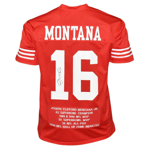 Joe Montana Autographed Pro Style Football Jersey Red Stat (JSA) — RSA