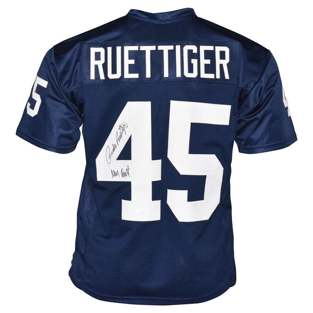 RSA Rudy Ruettiger Signed Never Quit Inscription Notre Dame College Blue Football Jersey (JSA)