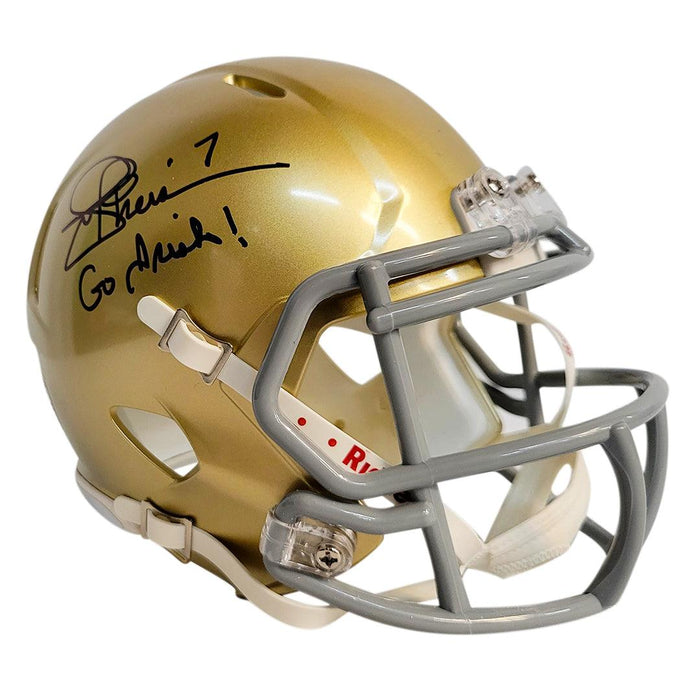 Joe Theismann Signed "Go Irish!" Inscription Notre Dame Fighting Irish Speed Mini Replica Football Helmet (JSA) - RSA