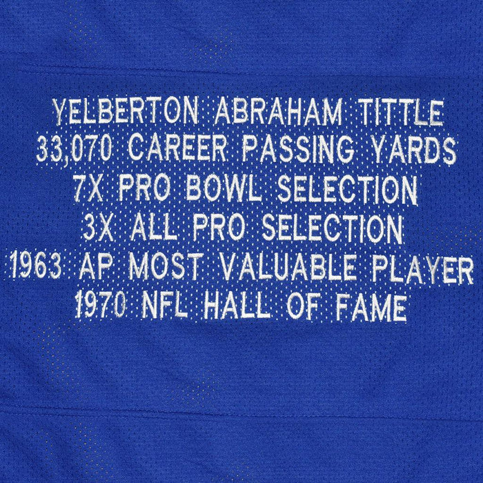 YA Tittle Signed HOF 71 Inscription New York Pro Blue Stats Football Jersey (JSA) - RSA