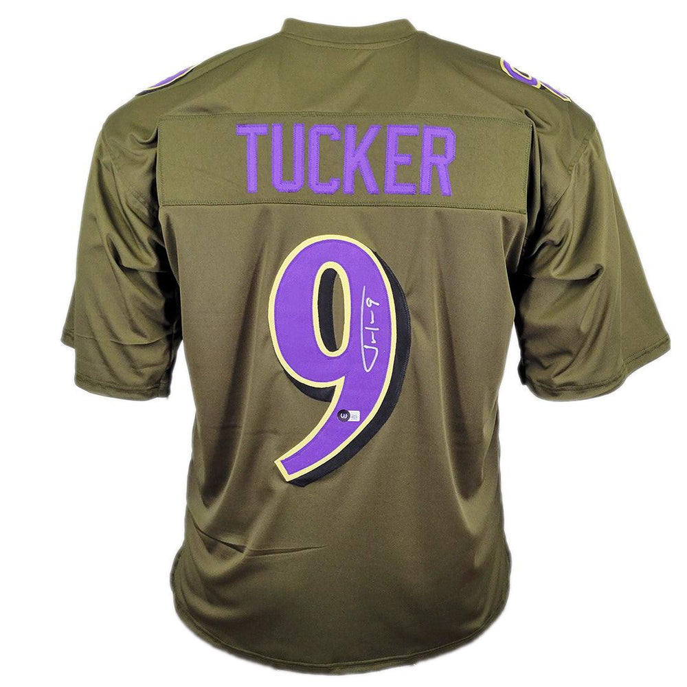 RSA Justin Tucker Signed Baltimore Green Salute to Service Football Jersey (Beckett)