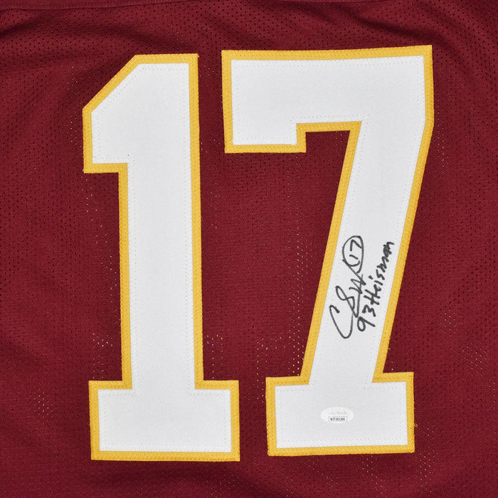 Charlie Ward Signed 93 Heisman Inscription College Red Football Jersey (JSA) - RSA